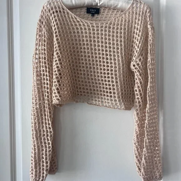 Vici Tan Crochet Cropped Sweater Beach Cover Up - Picture 2 of 7